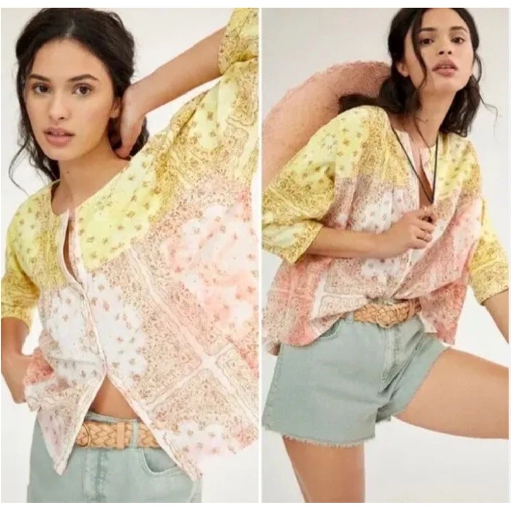Pilcro Anthropologie Yellow and Pink Patchwork Blouse The Tavi Batik Button Top